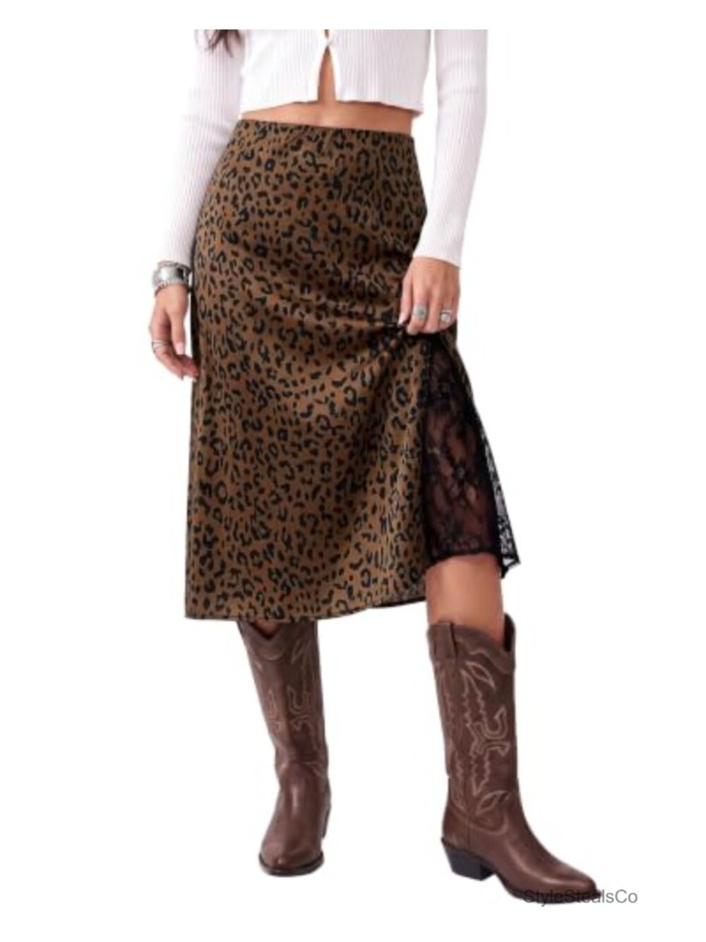 Satin Midi Skirt High Waist A-Line Lace Slit Leopard Print